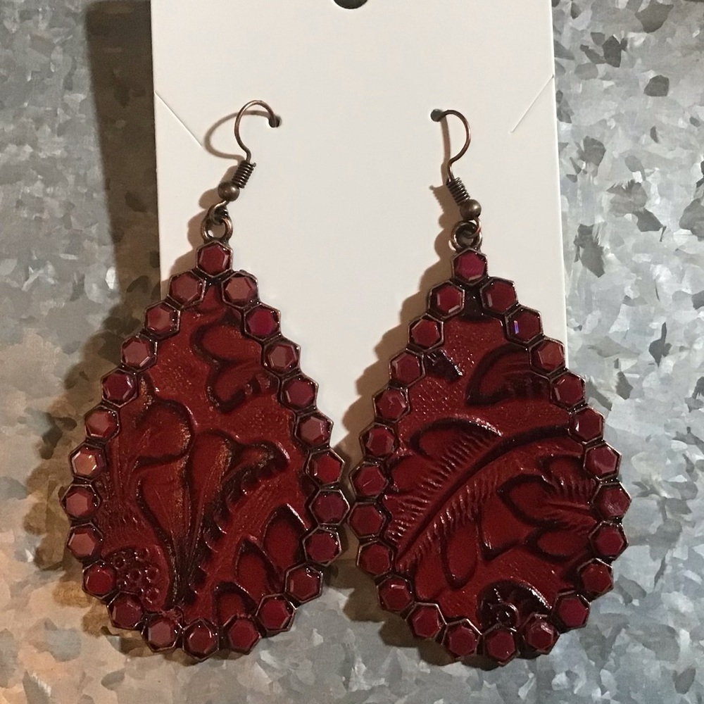 Red leather like with tool feel with bead outline- dangle earrings